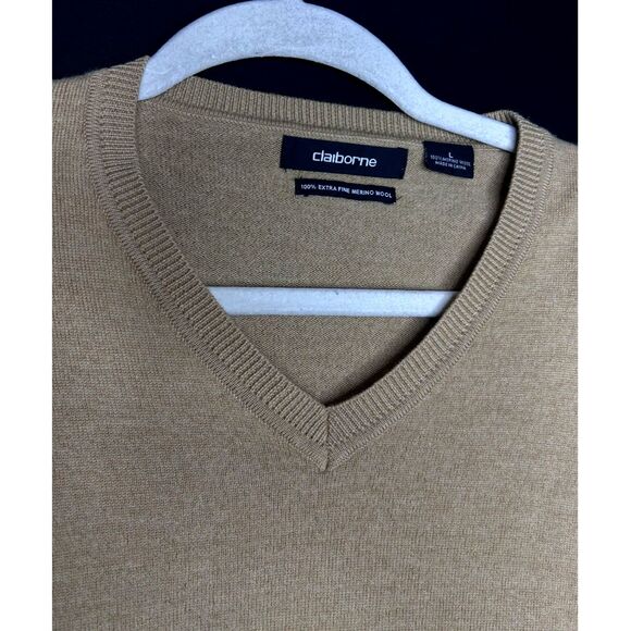 Mens 100% Merino Wool Camel V-Neck Pullover Sweater Old Money Quiet Luxury Sz L - Picture 3 of 6